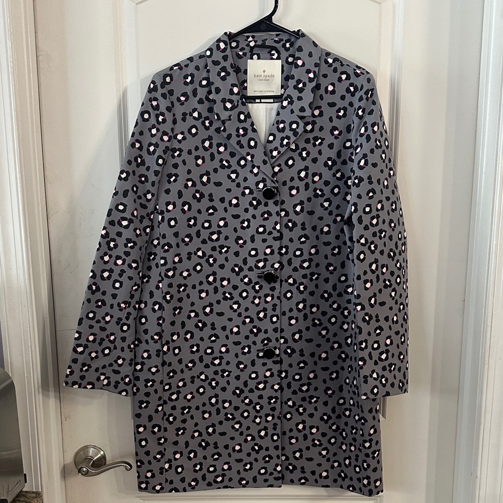 New Kate Spade Gray And Pink Leopard Print Trench Coat Size M